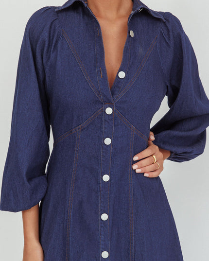 Dark Denim Long Balloon Style Midi Dress