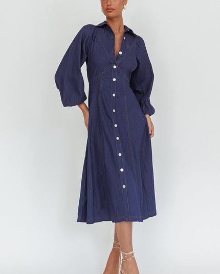 Dark Denim Long Balloon Style Midi Dress