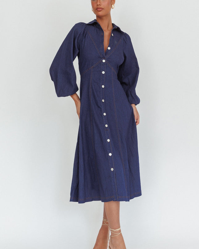 Dark Denim Long Balloon Style Midi Dress