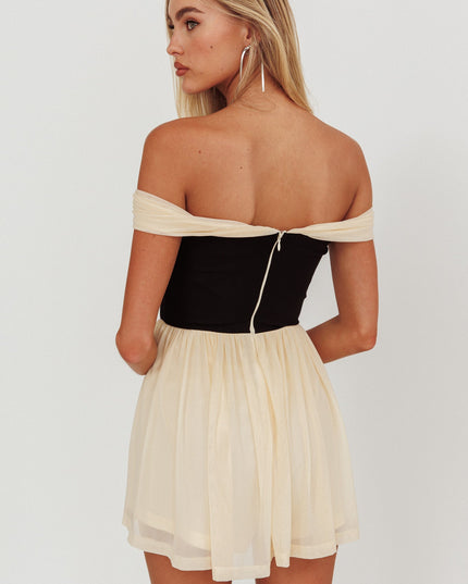 Ivory/Black Worlds Off-Shoulder Romper