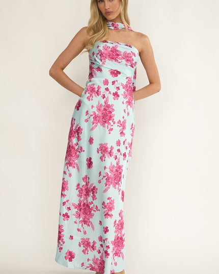 Ice Blue Stars Strapless Scarf Maxi Dress Floral