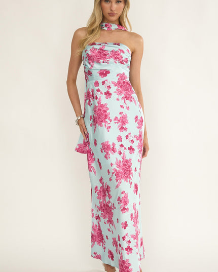 Ice Blue Stars Strapless Scarf Maxi Dress Floral