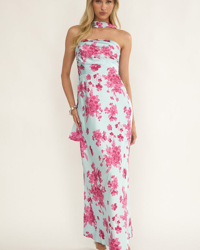 Ice Blue Stars Strapless Scarf Maxi Dress Floral