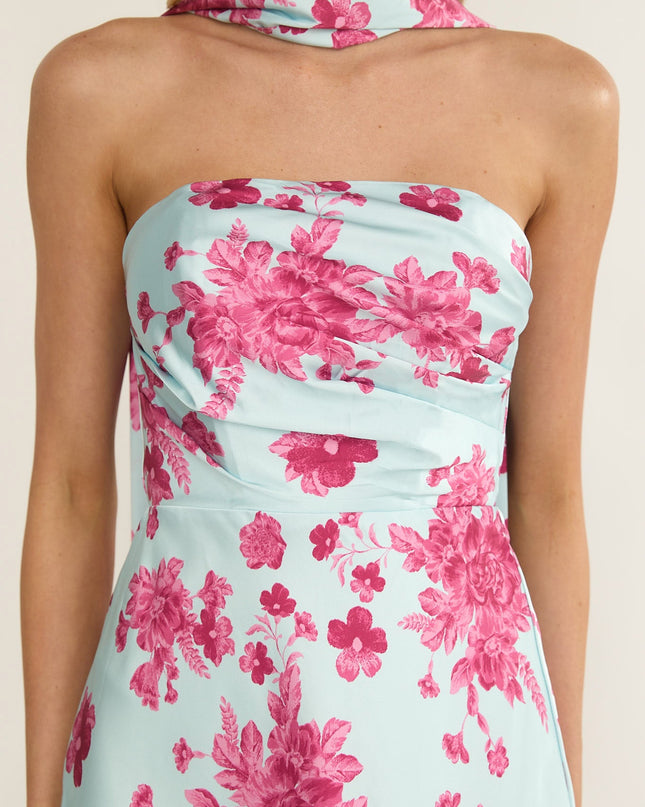 Ice Blue Stars Strapless Scarf Maxi Dress Floral
