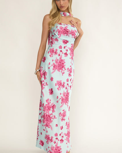Ice Blue Stars Strapless Scarf Maxi Dress Floral