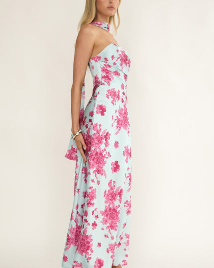 Ice Blue Stars Strapless Scarf Maxi Dress Floral