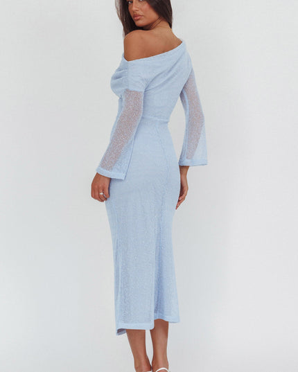 Blue Asymmetric Neckline Knit Maxi Dress