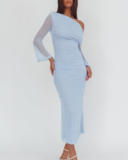 Blue Asymmetric Neckline Knit Maxi Dress