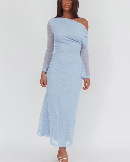 Blue Asymmetric Neckline Knit Maxi Dress