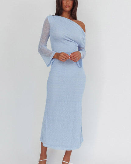 Blue Asymmetric Neckline Knit Maxi Dress