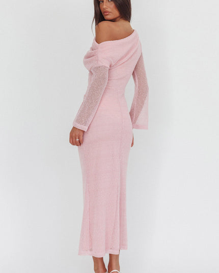 Pink Asymmetric Neckline Knit Maxi Dress
