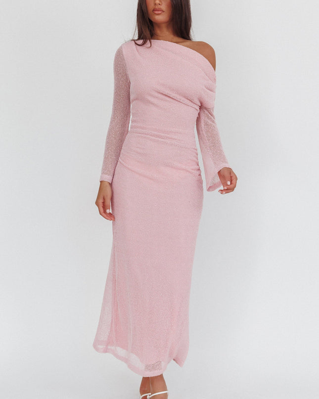 Pink Asymmetric Neckline Knit Maxi Dress