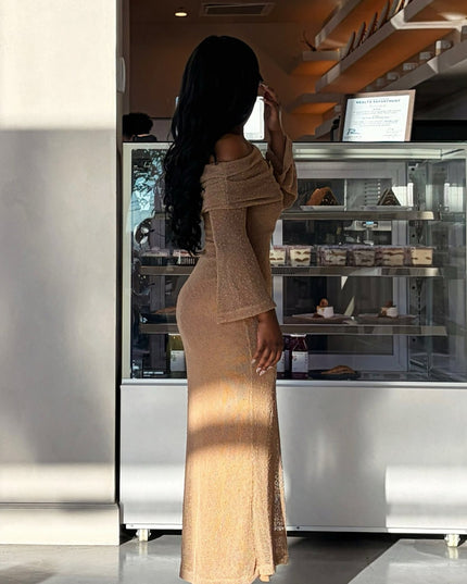 Mocha Off-Shoulder Knit Maxi Dress