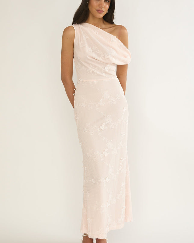 Pink Asymmetric Neckline Maxi Dress Embellished