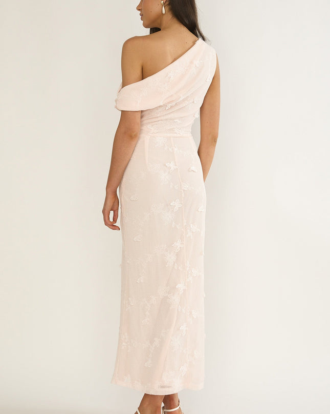 Pink Asymmetric Neckline Maxi Dress Embellished