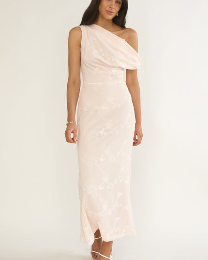 Pink Asymmetric Neckline Maxi Dress Embellished
