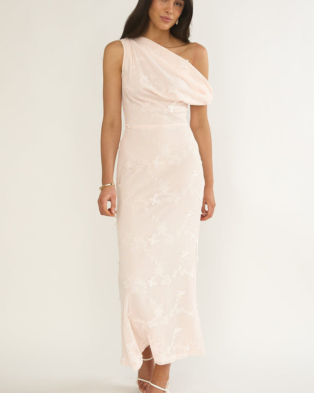 Pink Asymmetric Neckline Maxi Dress Embellished
