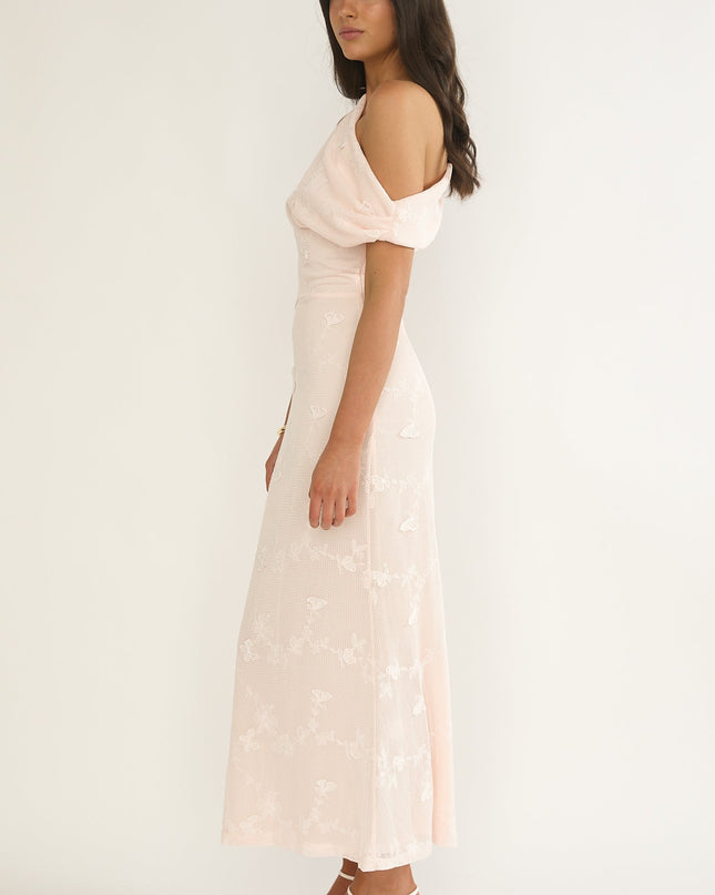 Pink Asymmetric Neckline Maxi Dress Embellished