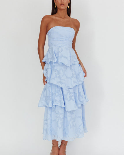 Blue Strapless Layered Midi Dress Floral Embossed