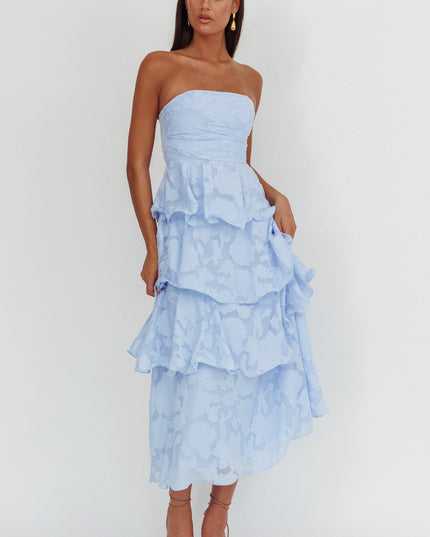 Blue Strapless Layered Midi Dress Floral Embossed