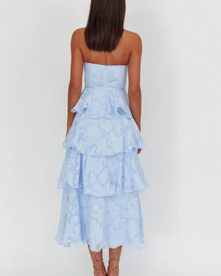 Blue Strapless Layered Midi Dress Floral Embossed