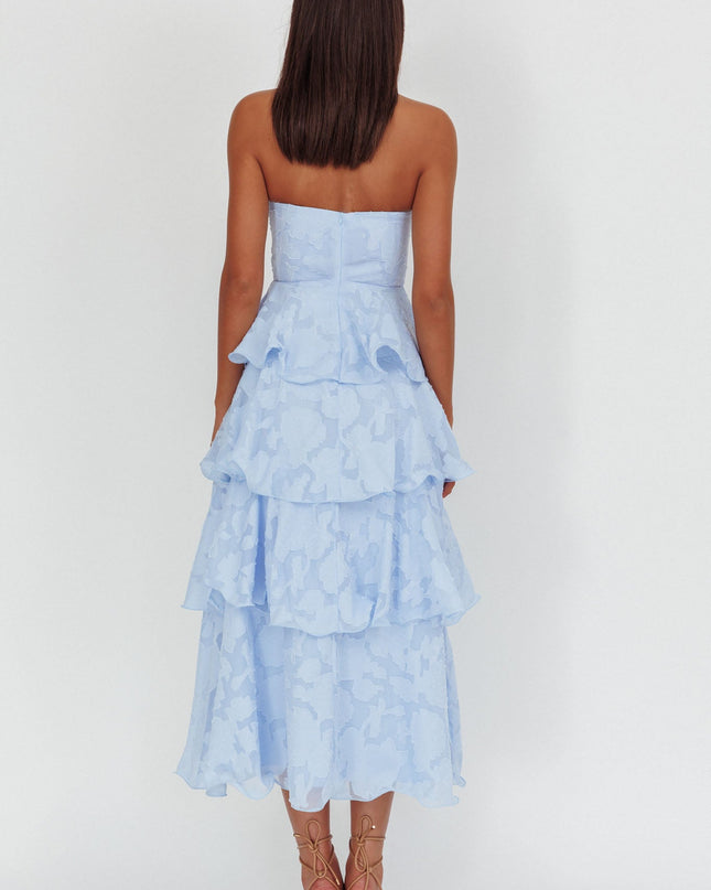 Blue Strapless Layered Midi Dress Floral Embossed