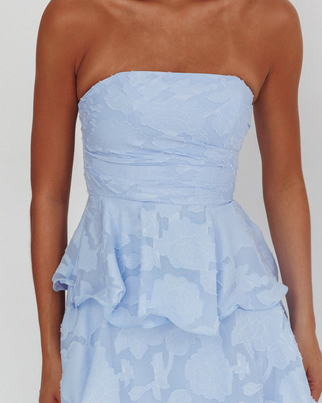 Blue Strapless Layered Midi Dress Floral Embossed