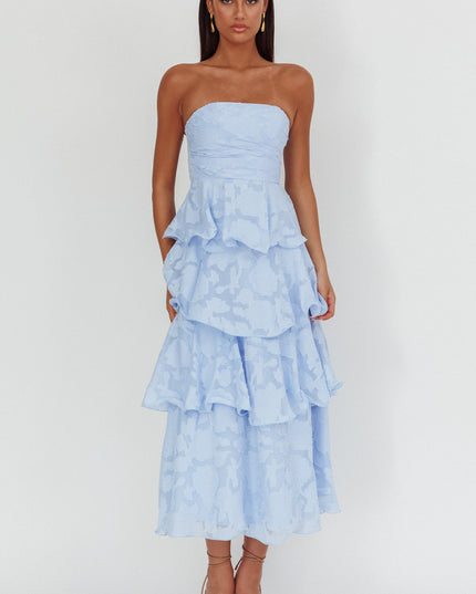 Blue Strapless Layered Midi Dress Floral Embossed