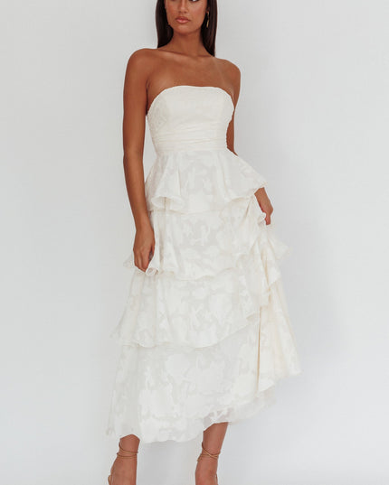 Cream Strapless Layered Midi Dress Floral Embossed