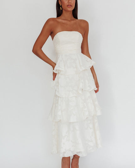 Cream Strapless Layered Midi Dress Floral Embossed