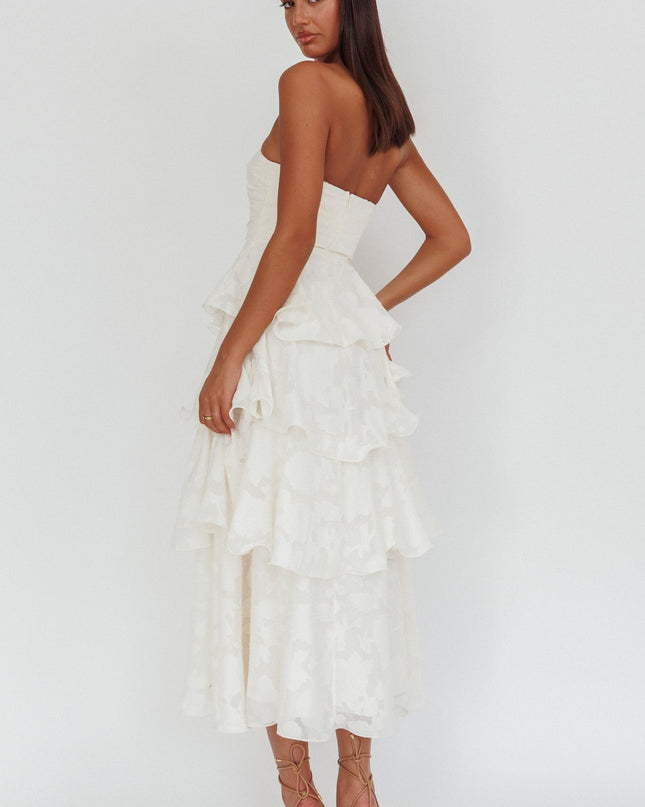 Cream Strapless Layered Midi Dress Floral Embossed
