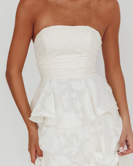 Cream Strapless Layered Midi Dress Floral Embossed