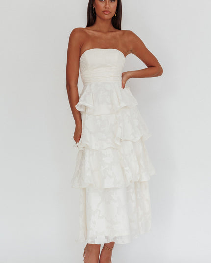 Cream Strapless Layered Midi Dress Floral Embossed