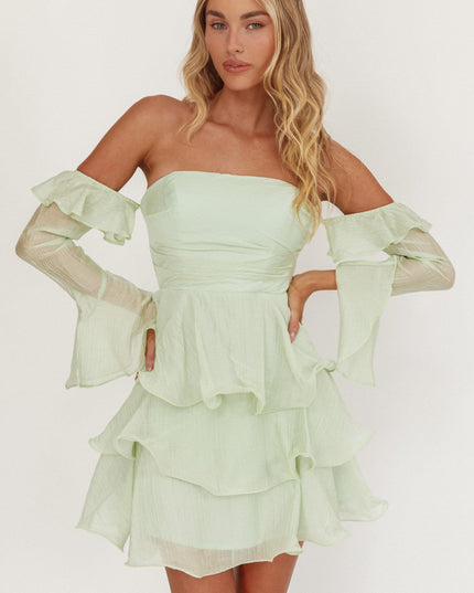 Sage Off-Shoulder Layered Mini Dress