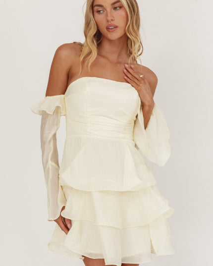 Cream Off-Shoulder Layered Mini Dress
