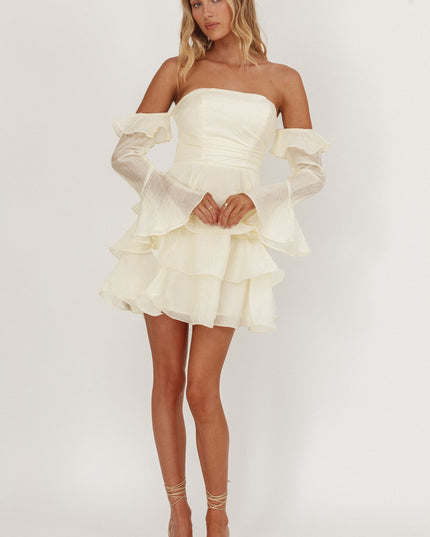 Cream Off-Shoulder Layered Mini Dress