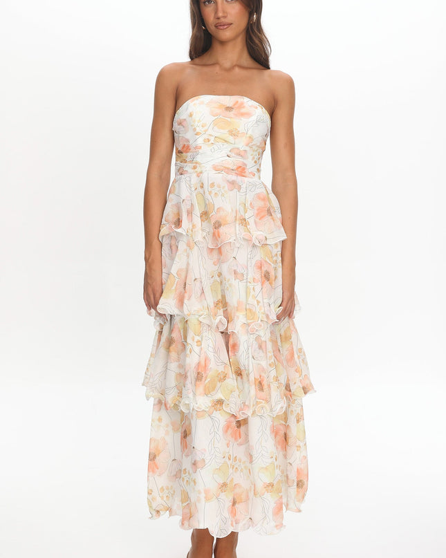 Beige Strapless Layered Midi Dress Floral
