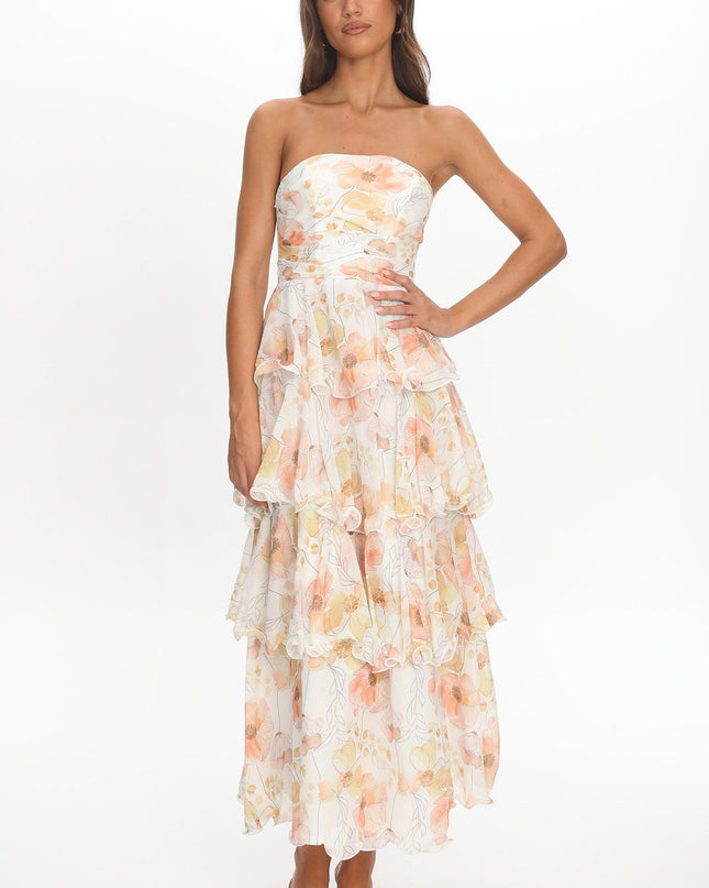 Beige Strapless Layered Midi Dress Floral