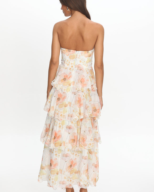 Beige Strapless Layered Midi Dress Floral