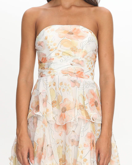 Beige Strapless Layered Midi Dress Floral