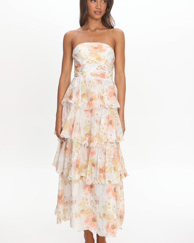 Beige Strapless Layered Midi Dress Floral