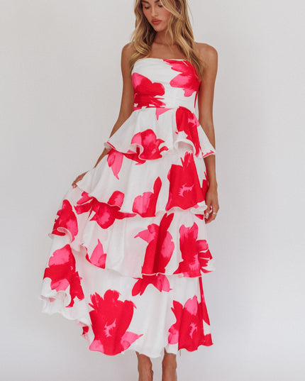 Red Strapless Layered Midi Dress Floral