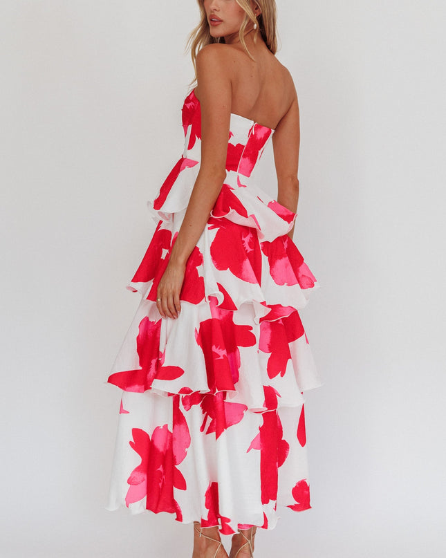 Red Strapless Layered Midi Dress Floral