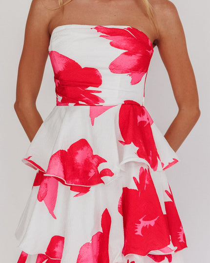 Red Strapless Layered Midi Dress Floral