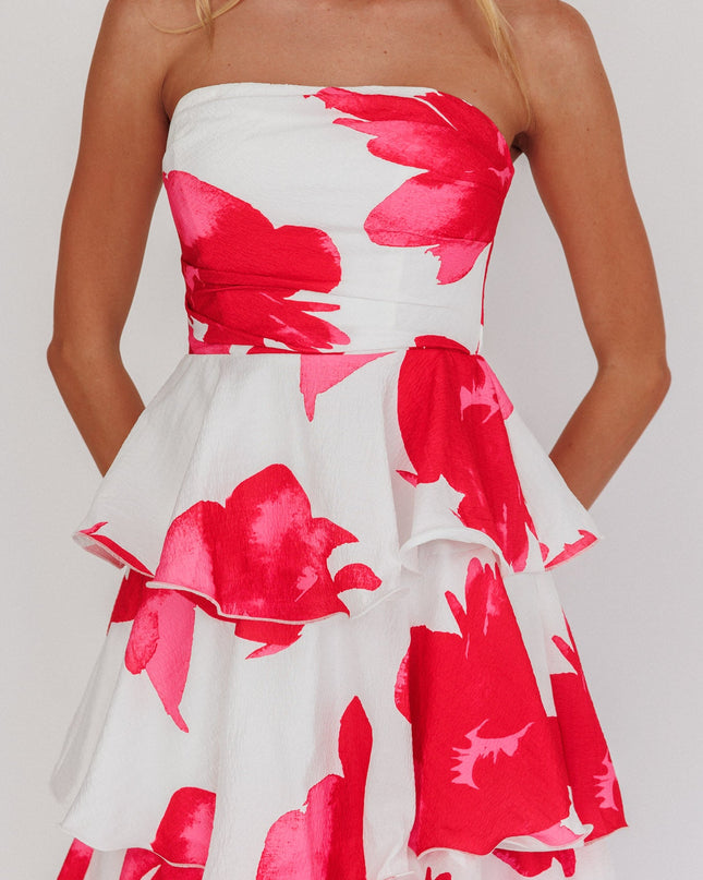 Red Strapless Layered Midi Dress Floral