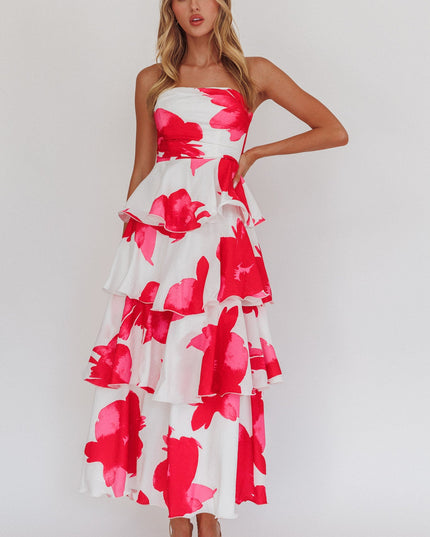 Red Strapless Layered Midi Dress Floral