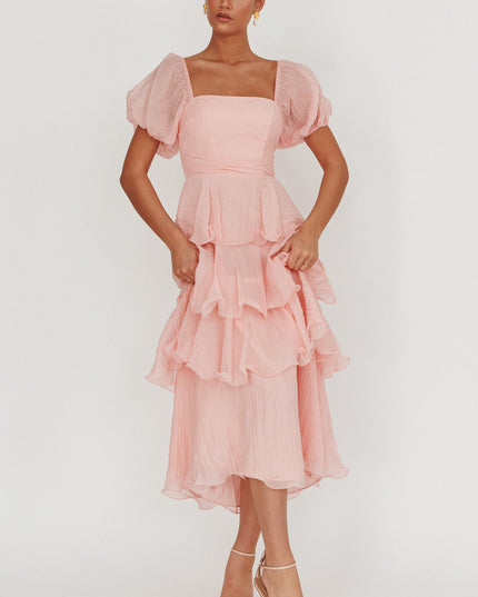 Baby Pink Puff Sleeve Layered Maxi Dress