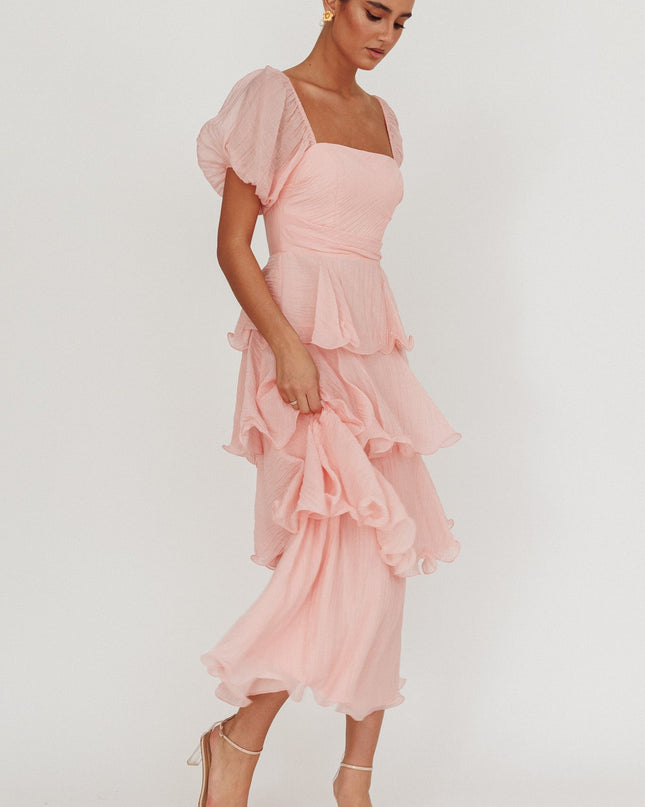 Baby Pink Puff Sleeve Layered Maxi Dress