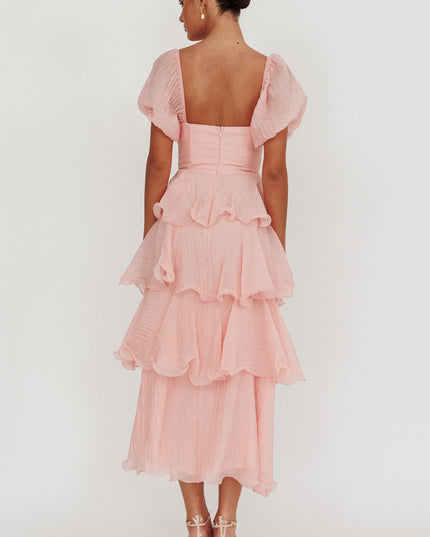 Baby Pink Puff Sleeve Layered Maxi Dress