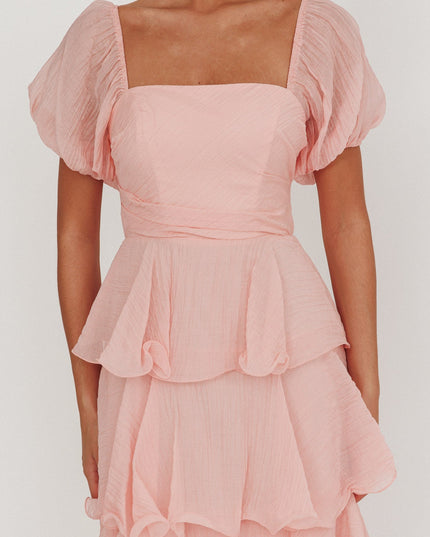 Baby Pink Puff Sleeve Layered Maxi Dress